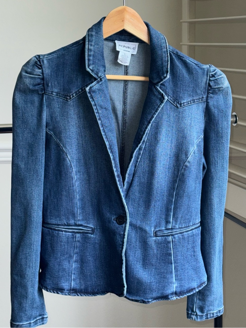 For The Republic Dark Blue Denim Jean Blazer Jacket Small Pre-owned